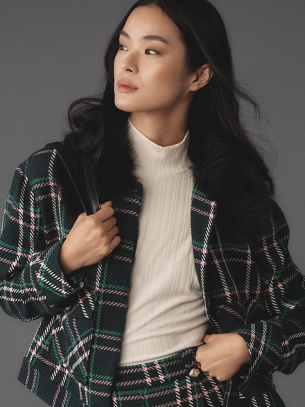 Anthropologie Maeve Plaid Crop Faux Fur Collar Coat